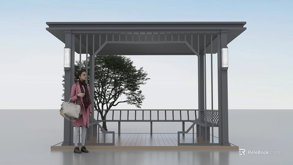 Modern Gray Garden Pavilion With Open Structure Bench And Small Tree 3d model 
