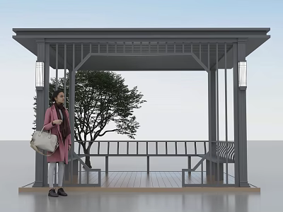 Modern Gray Garden Pavilion With Open Structure Bench And Small Tree 3d model
