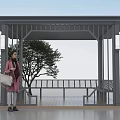 Modern Gray Garden Pavilion With Open Structure Bench And Small Tree