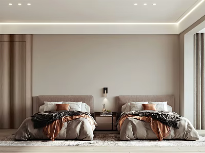 Modern Minimalist Bedroom Interior With Twin Beds Beige Walls Bedside Lamps And Soft Rug 3d model