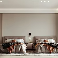 Modern Minimalist Bedroom Interior With Twin Beds Beige Walls Bedside Lamps And Soft Rug
