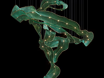 Modern Elegant Green Flowing Ribbon Chandelier With Illuminated Suspended Strips Design 3d model