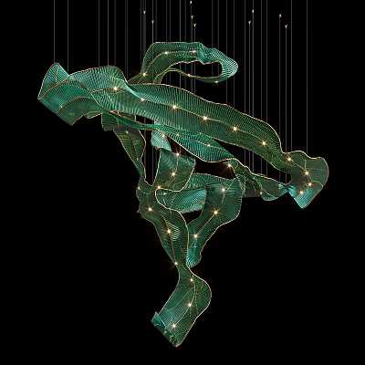 Modern Elegant Green Flowing Ribbon Chandelier With Illuminated Suspended Strips Design 3d model