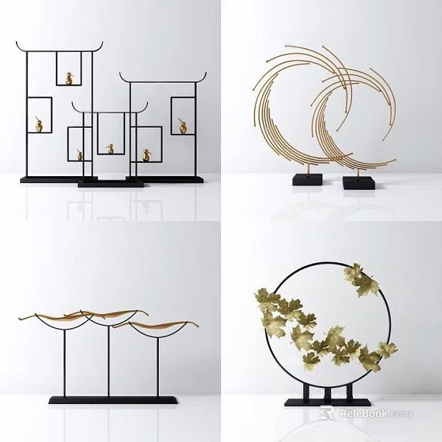 Modern Gold And Black Metal Decorative Ornament Set With Geometric Circular Leaf Designs 3d model 