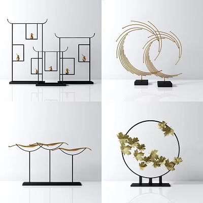 Modern Gold And Black Metal Decorative Ornament Set With Geometric Circular Leaf Designs 3d model