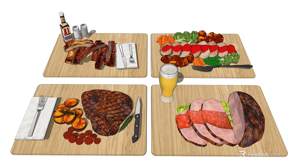 Grilled Steak Roasted Meat Sliced Ham With Vegetable Platter And Beer On Wooden Boards 3d model 
