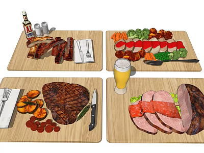 Grilled Steak Roasted Meat Sliced Ham With Vegetable Platter And Beer On Wooden Boards 3d model