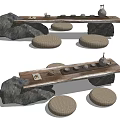 Natural Style Tea Table Set With Rock Base And Woven Stools For Tea Ceremony