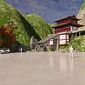 Ancient Architecture on Mountain Slope With Traditional Roof Stone Bridge and Flowing Stream