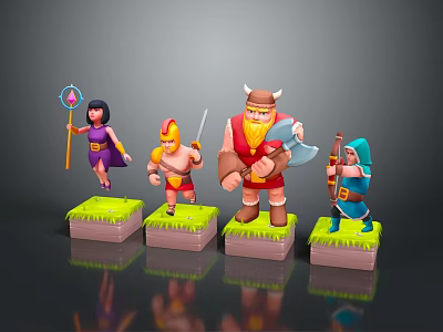 Colorful Fantasy Game Characters With Mage Warrior Barbarian And Ranger On Green Bases 3d model