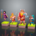 Colorful Fantasy Game Characters With Mage Warrior Barbarian And Ranger On Green Bases
