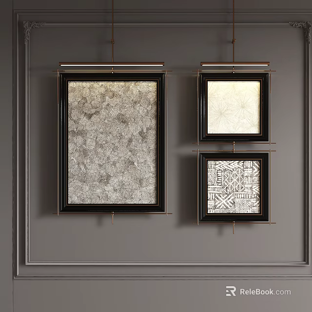 Abstract Paintings With Various Textures In Black Frames On Grey Wall 3d model