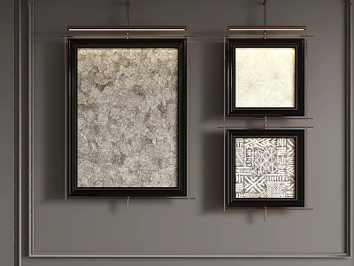 Abstract Paintings With Various Textures In Black Frames On Grey Wall 3d model