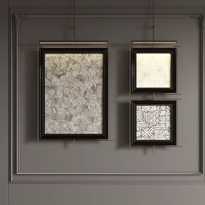 Abstract Paintings With Various Textures In Black Frames On Grey Wall 3d model