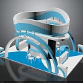Modern Exhibition Booth Design With Blue White Curved Structure And Reception Chairs 3d model