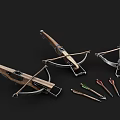 Three Vintage Crossbows With Wooden Handles Metallic Frames And Colorful Arrows