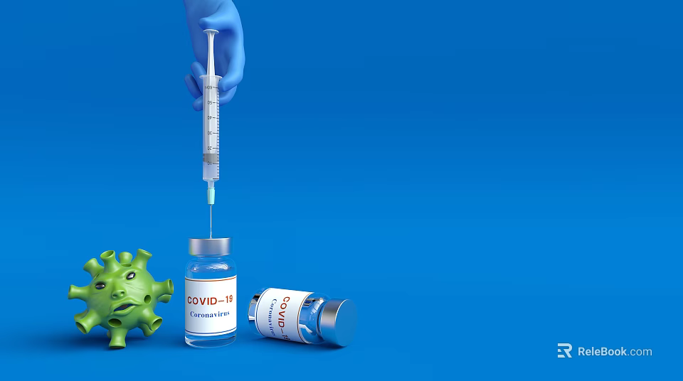 Medical Device Syringe and COVID-19 Vaccine Vials with Virus Model on Blue Background 3d model 