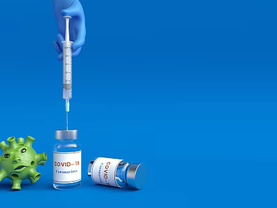Medical Device Syringe and COVID-19 Vaccine Vials with Virus Model on Blue Background 3d model