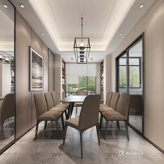 Modern Restaurant Interior In Neutral Tones With Dining Table Chairs Chandelier And Bookshelves 3d model 