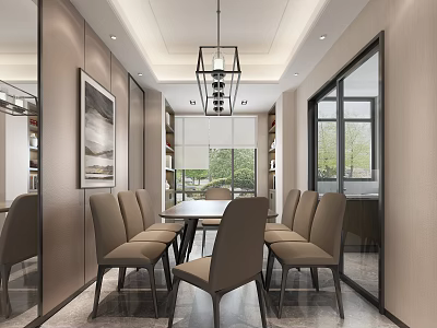 Modern Restaurant Interior In Neutral Tones With Dining Table Chairs Chandelier And Bookshelves 3d model