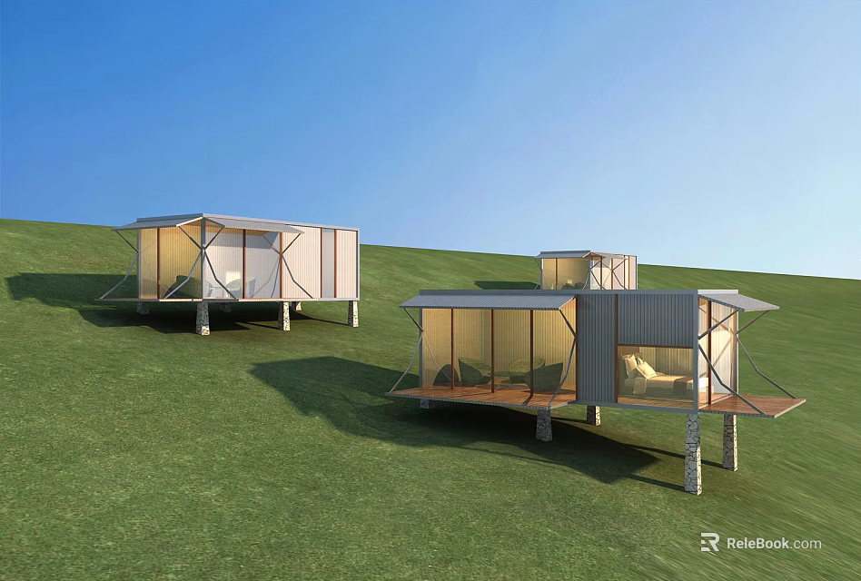 Modern Shipping Container Buildings On Green Hillside With Open Design And Large Glass Windows 3d model 