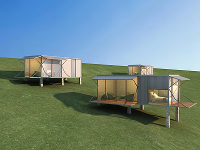 Modern Shipping Container Buildings On Green Hillside With Open Design And Large Glass Windows 3d model