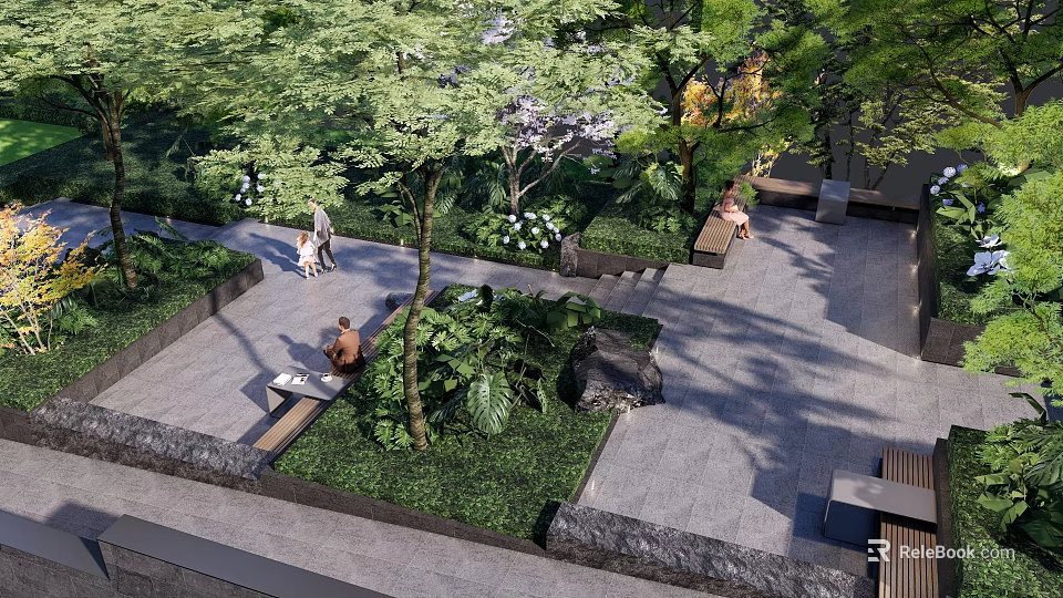Serene Residential Landscape With Lush Trees Greenery Benches And People Enjoying Outdoor Space 3d model 