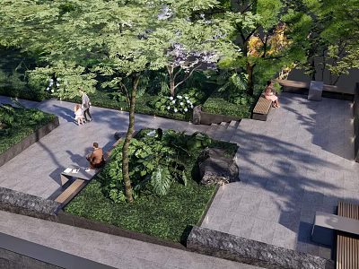 Serene Residential Landscape With Lush Trees Greenery Benches And People Enjoying Outdoor Space 3d model