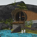 Natural Forest Villa With Stone Wood Structure Round Window And Warm Lighting Waterfront