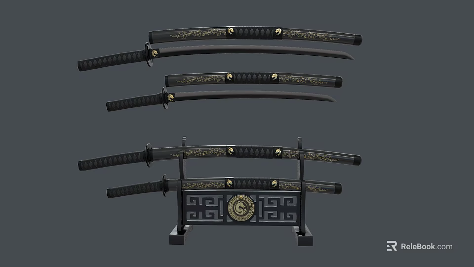 Traditional Samurai Swords with Black Handles Gold Decorations Sheaths and Decorative Stand with Circular Emblem 3d model 