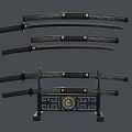 Traditional Samurai Swords with Black Handles Gold Decorations Sheaths and Decorative Stand with Circular Emblem
