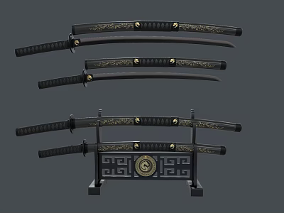 Traditional Samurai Swords with Black Handles Gold Decorations Sheaths and Decorative Stand with Circular Emblem 3d model
