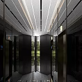 Modern Elevator Lobby Design With Mirrored Walls Ceiling Lights Directional Signage And Polished Floor