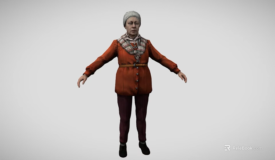 Elderly Woman With White Hair In Orange Coat Plaid Scarf Arms Outstretched On Gray Background 3d model 