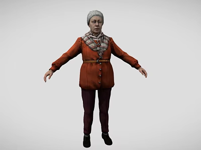 Elderly Woman With White Hair In Orange Coat Plaid Scarf Arms Outstretched On Gray Background 3d model