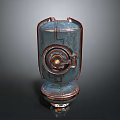 Retro Sci Fi Mechanical Device With Blue Red Accents Circular Center And Stable Base