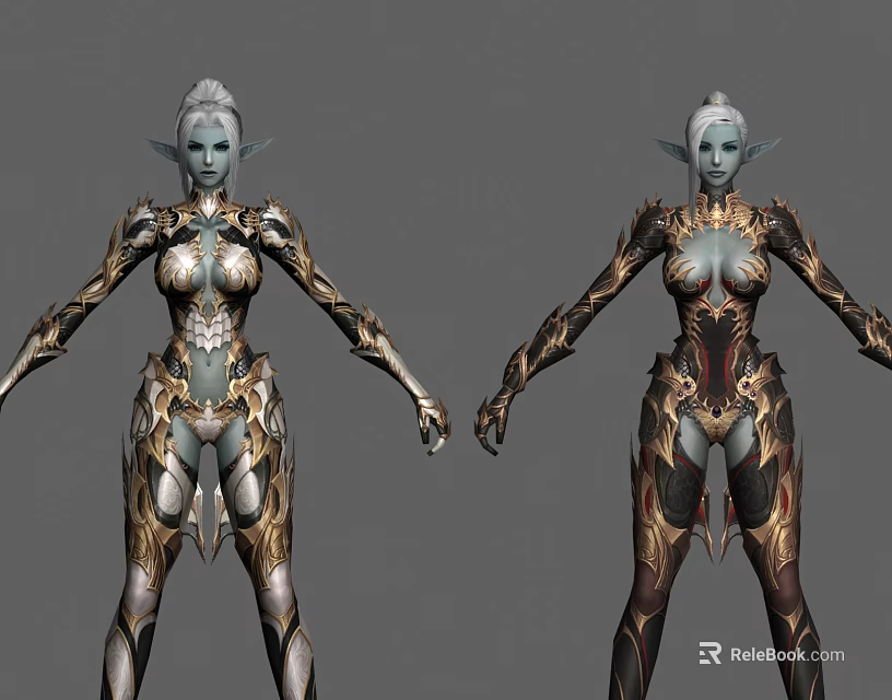 Elven Female Game Movie Character With Intricate Gold Silver Armor And Fantasy Design 3d model 