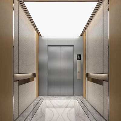 Luxurious Elevator Lobby With Sleek Door Textured Walls And Marble Flooring 3d model