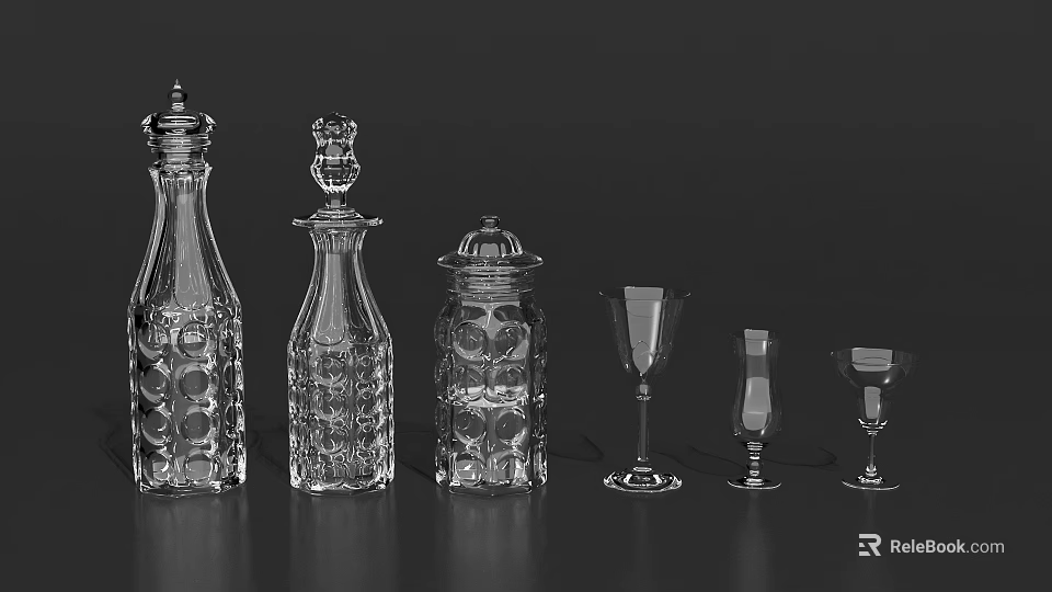 Transparent Glass Cups With Various Shapes And Covered Bottles In Glassware Collection 3d model 