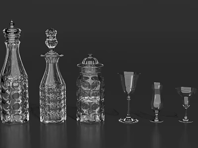 Transparent Glass Cups With Various Shapes And Covered Bottles In Glassware Collection 3d model