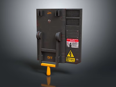 Industrial Switch Panel with ON OFF Labels Yellow Lever and Warning Signs 3d model