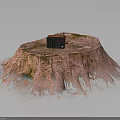 Vintage Electronic Radio Placed On Natural Tree Stump With Grass And Leaves