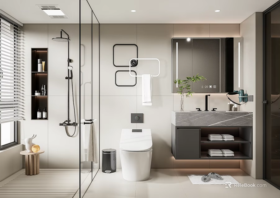 Modern Bathroom Interior Design With Glass Shower Enclosure Wall Mounted Toilet And Marble Vanity 3d model 