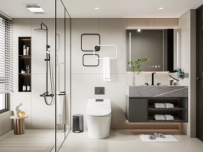 Modern Bathroom Interior Design With Glass Shower Enclosure Wall Mounted Toilet And Marble Vanity 3d model