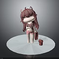 Cute Child Cartoon Character With Red Hair Cat Ears Pink Shorts And Red Cube