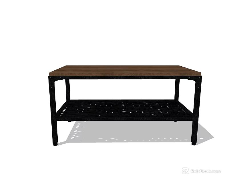 Brown Tabletop Dining Table with Black Metal Frame and Grid Lower Shelf 3d model 
