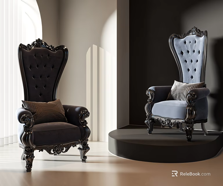 Dark And Light Colored Ornate Accent Chairs With Carved High Backs And Upholstered Pillows 3d model 