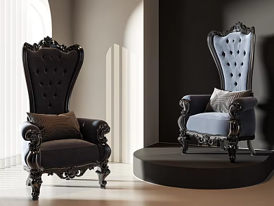 Dark And Light Colored Ornate Accent Chairs With Carved High Backs And Upholstered Pillows 3d model