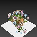 Cute Kitten Sitting In Wicker Basket With Roses Blue Flowers And Pink Bow On Table
