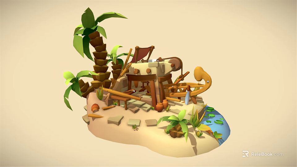 Cartoon Island Scene with Palm Trees Wooden Furniture Seashells and Small Stream 3d model 